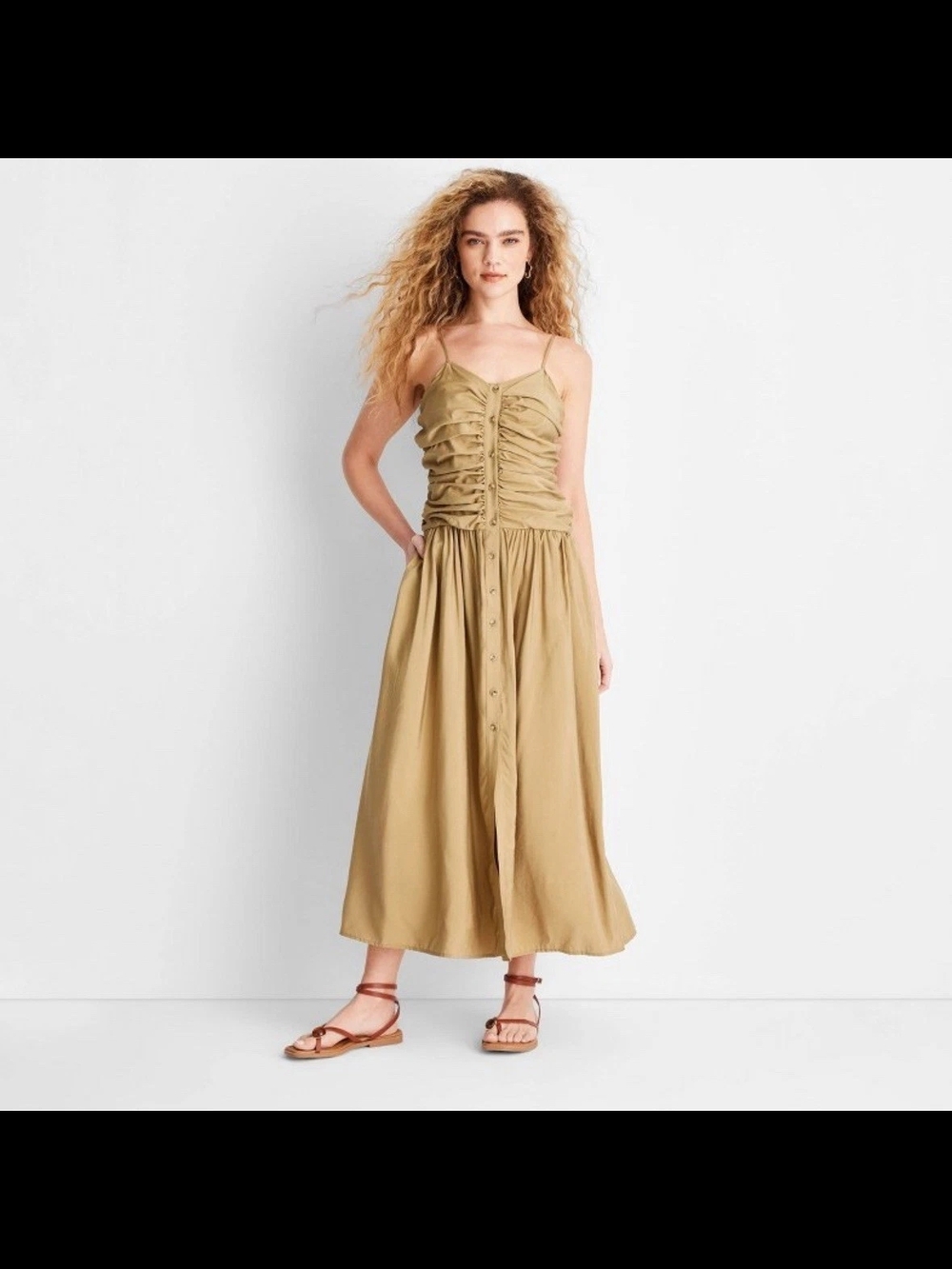 Spaghetti-Strap Ruched Midi Dress in Tan